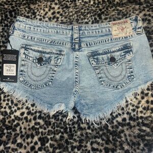True Religion Light Wash Frayed Denim Shorts